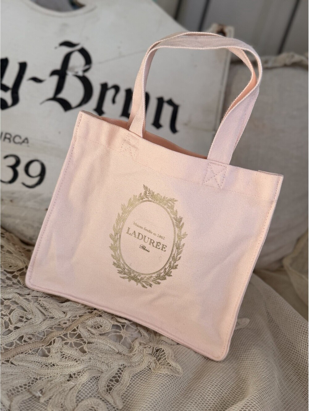 NWOT LADUREE CANVAS PINK TOTE BAG Gold Logo Small Canvas PARIS Limited Edition